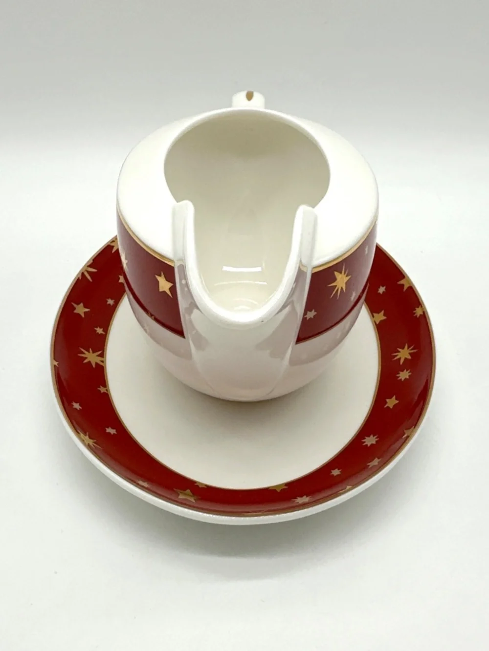 Galaxy by Sakura Red Porcelain Gravy Boat & Underplate 14k Gold Star Accents